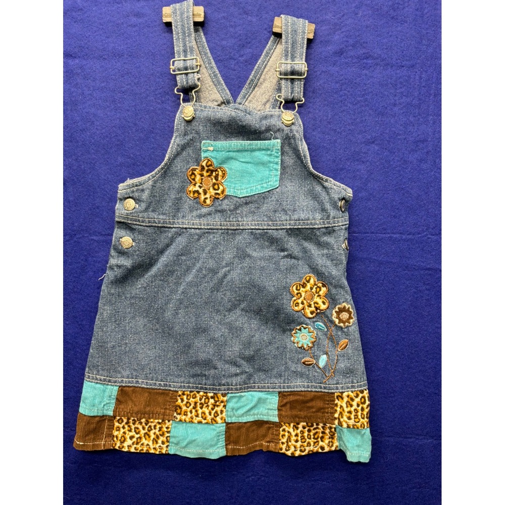 Young Hearts Denim Overall Dress Toddler 4T Blue Patchwork Leopard Floral
